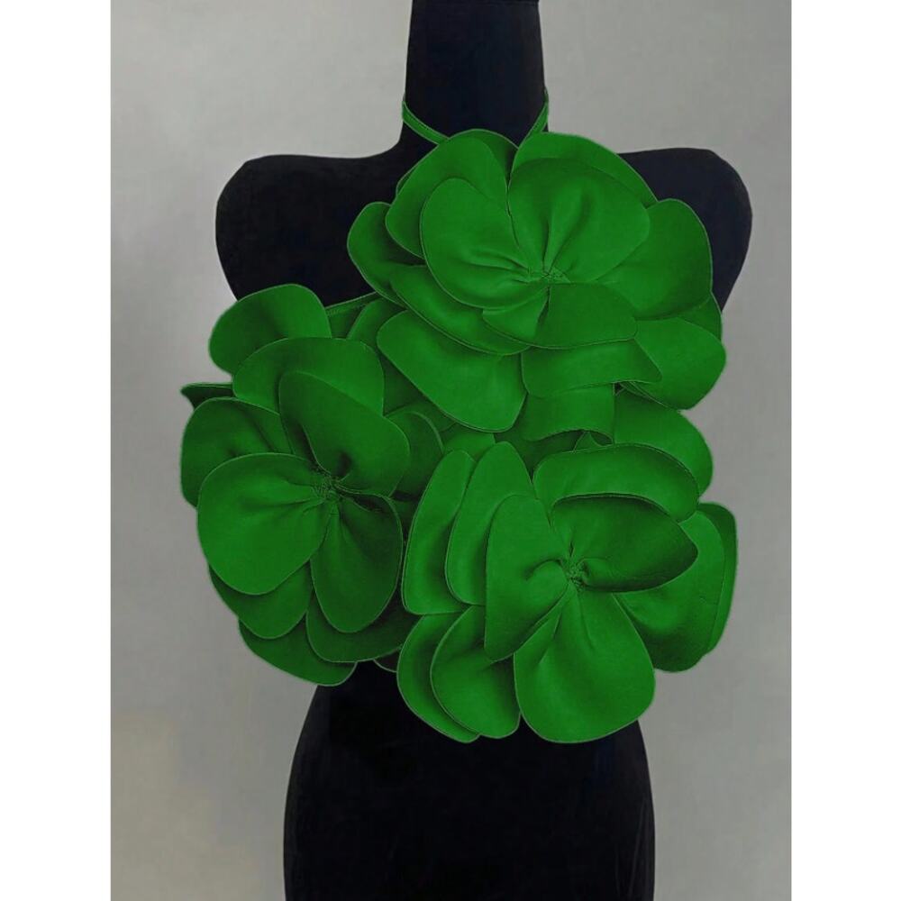 Green Dimensional Flower Halter Top – Bold Sculpted Petal Statement, Size M, L